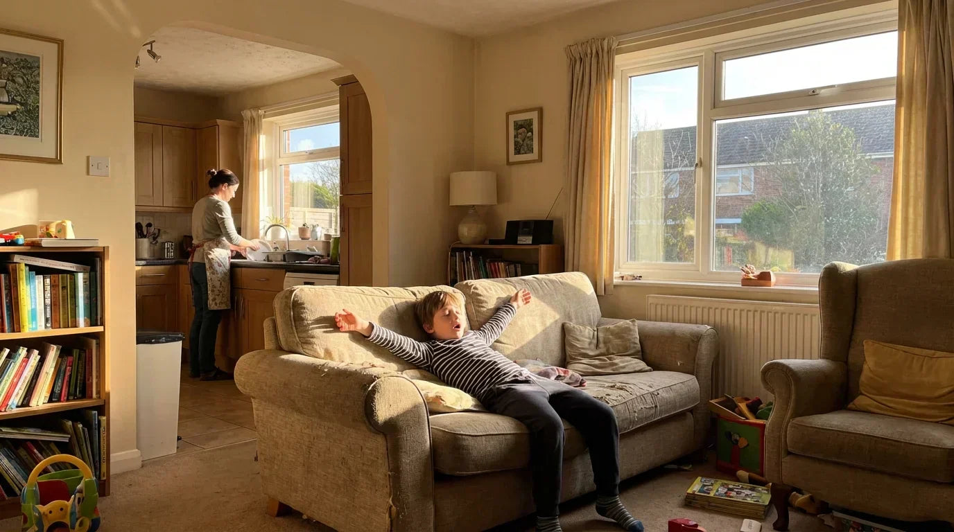 Child lying on couch looking bored while parent watches calmly from the kitchen