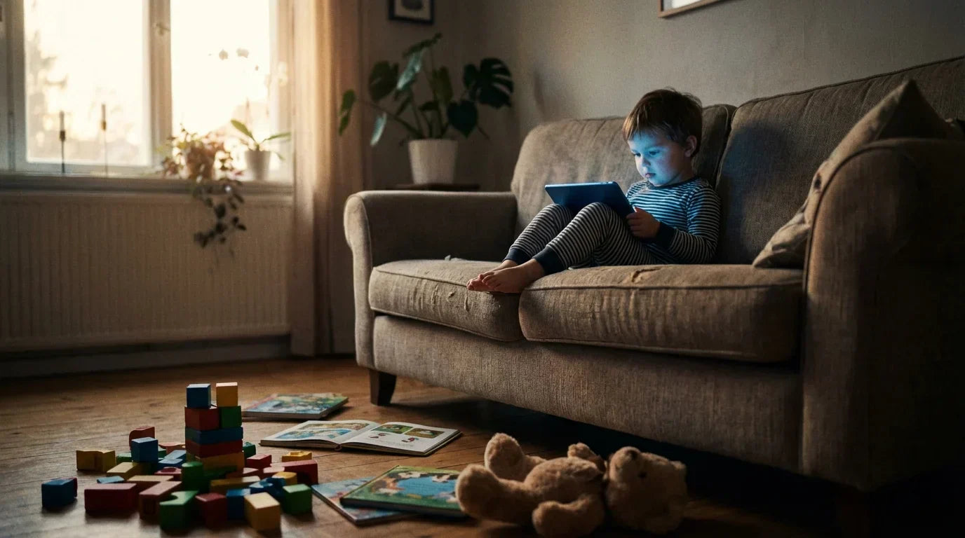 Child staring at glowing tablet screen in dim room while toys sit untouched nearby
