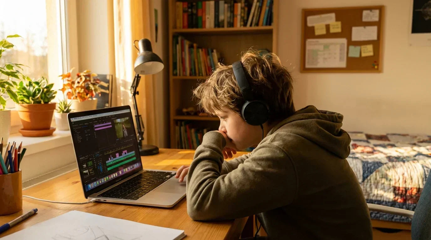 Kid creating content on laptop - shifting from content consumer to creator